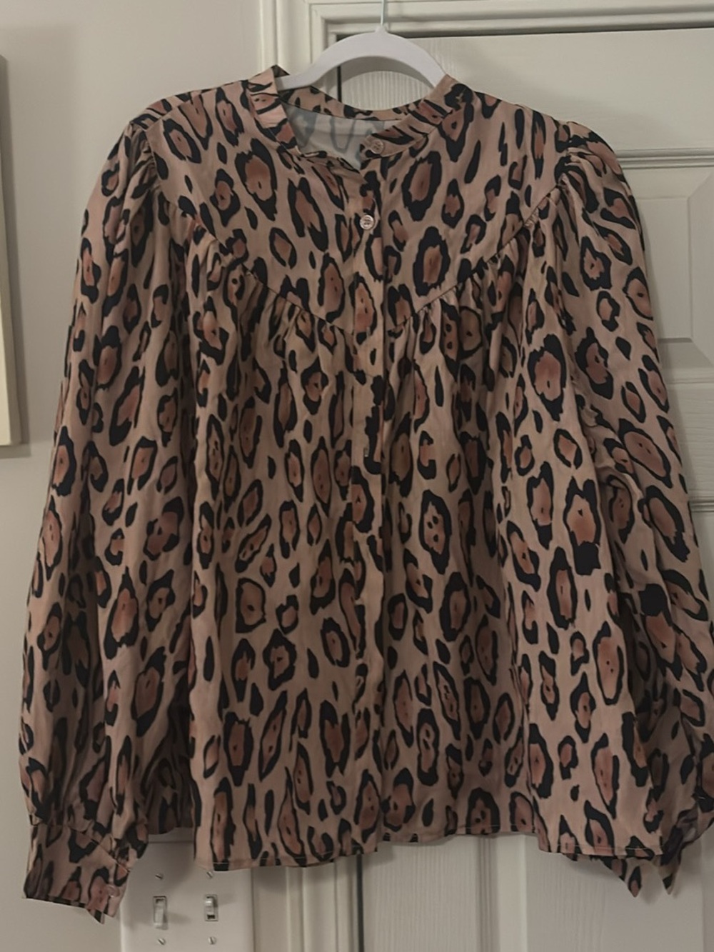 Leopard Print Peasant Blouse in Beige and Black